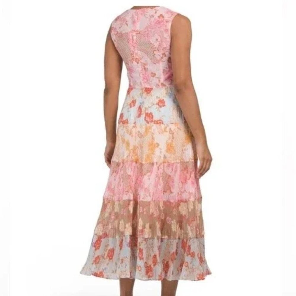 NEW Dalia MacPhee Floral Pastel Multi V-Neck Pleated Midi Dress Pink Size L - Picture 2 of 15